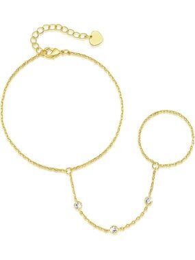 Trendy 14K Gold Hand Chain Bracelet for Women with Cubic Zirconia & Extender